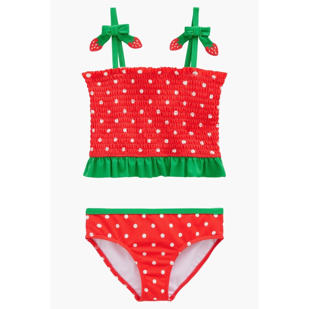Mini Boden Strawberry Tankini Girls 11-12Y Red Polka Dot Good Smocked Ruffle